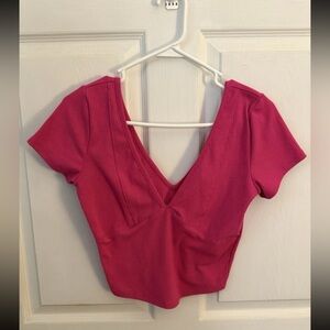 BOZZOLO Women’s Deep V Neck Stretchy Dark Pink Crop Top M